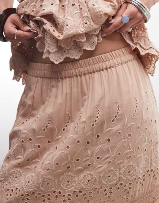 AllSaints Camille co-ord broderie tiered midi skirt in pale pink, 2 of 5