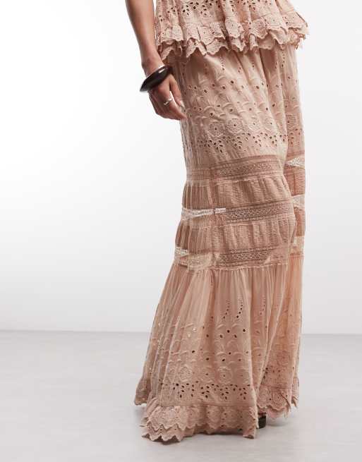 AllSaints Camille co-ord broderie tiered midi skirt in pale pink, 3 of 5
