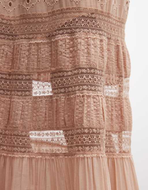 AllSaints Camille co-ord broderie tiered midi skirt in pale pink, 4 of 5
