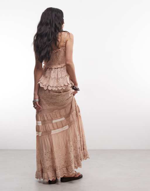 AllSaints Camille co-ord broderie tiered midi skirt in pale pink, 5 of 5