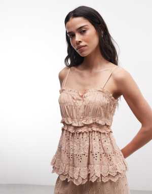 AllSaints Camille co-ord thrilly lace ruched cami top in pink