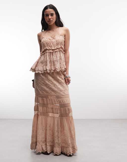 AllSaints Camille co-ord thrilly lace ruched cami top in pink, 2 of 4