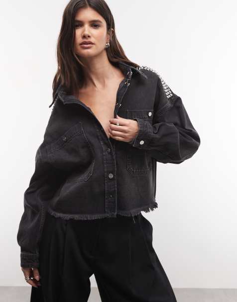AllSaints - camisa vaquera negra lavada de manga larga con tachuelas, parte de un conjunto - view 1