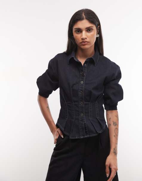 AllSaints - camisa vaquera plisada Nancy con manga abullonada y detalle ajustable en azul lavado oscuro - view 1