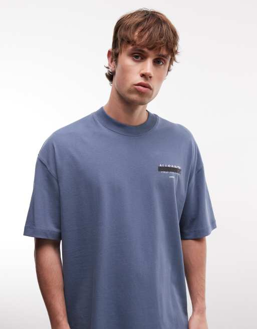 AllSaints - Camiseta azul medio extragrande con logo bordado y estampado en la espalda Redact, 3 de 5