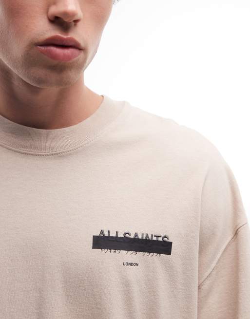 AllSaints - Camiseta marrón claro extragrande con logo bordado y estampado en la espalda Redact, 4 de 5