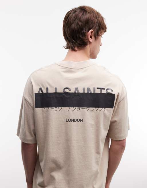 AllSaints - Camiseta marrón claro extragrande con logo bordado y estampado en la espalda Redact, 5 de 5