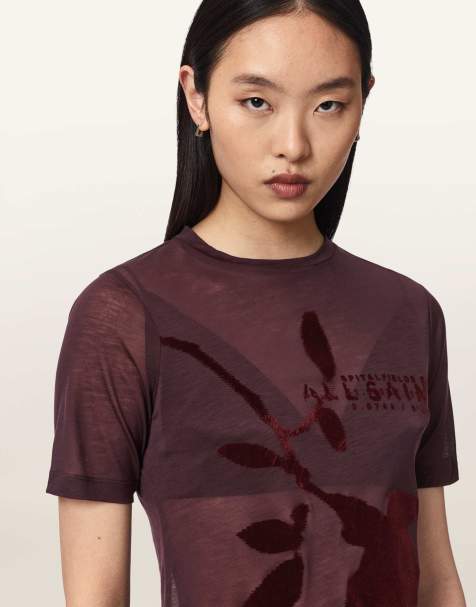 AllSaints - camiseta translúcida Athea en rojo burdeos - view 1