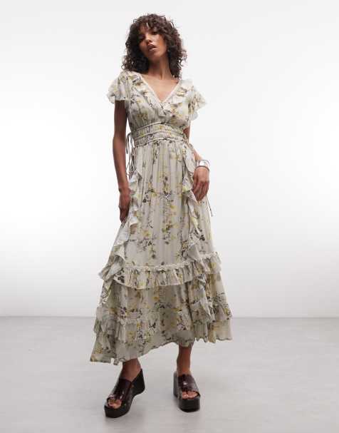AllSaints - Canto - Gelaagde midi jurk met ruches en bloemenprint in lichtgroen - view 1