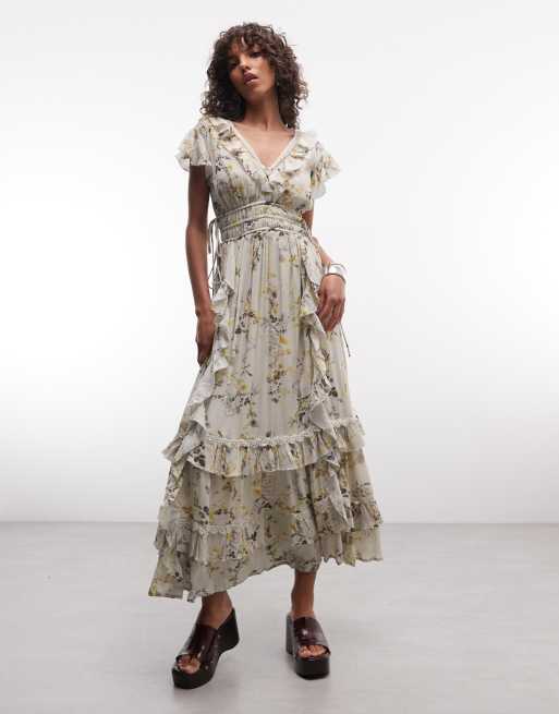 AllSaints - Canto - Robe mi-longue à fleurs et volants étagés - Vert pâle