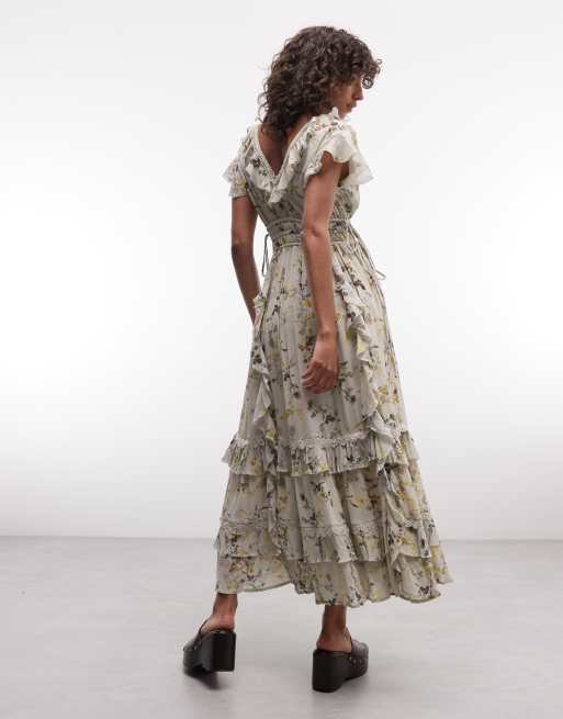 AllSaints Canto ruffle tiered floral midi dress pale green, 4 of 4