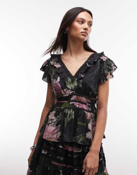 AllSaints – Canto – Svart, blommig topp i spets med rysch, del av set - view 1