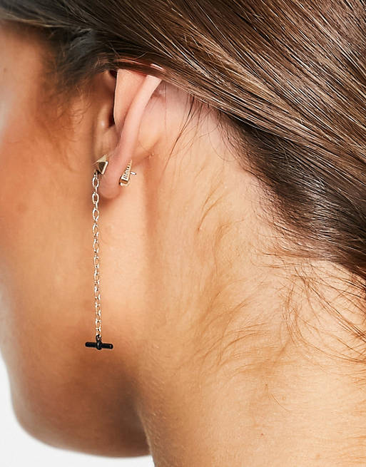 Women AllSaints carabiner chain stud earrings in gold 