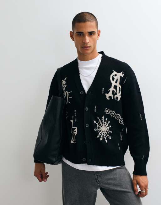 AllSaints cardigan in maglia con logo grafico ricamato, nero/ecru, 4 di 5