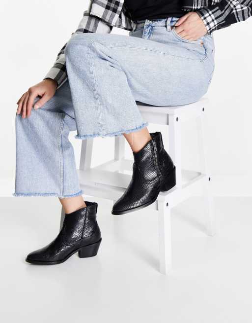 AllSaints Carlotta snake leather heeled side zip ankle boots in black