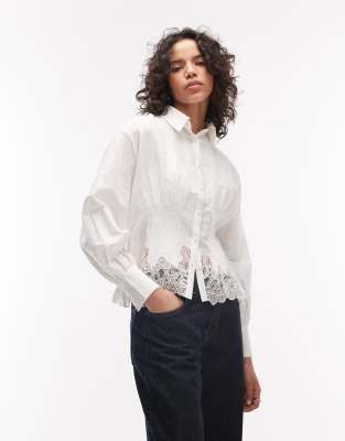 AllSaints carol lace trim button down tailored shirt in white