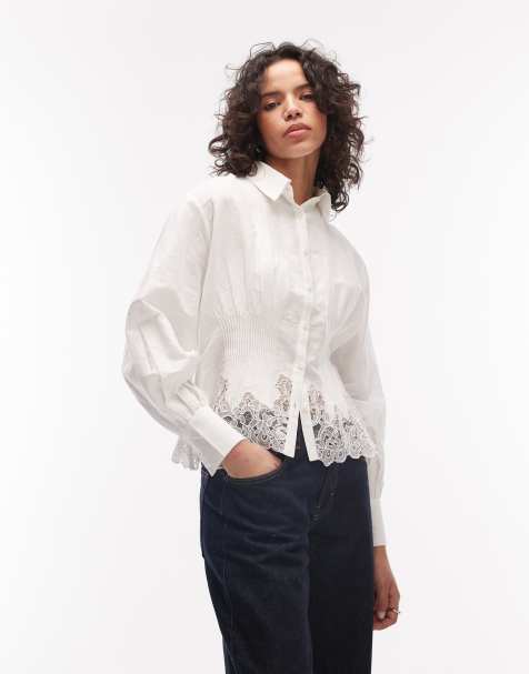 AllSaints carol lace trim button down tailored shirt in white - view 1