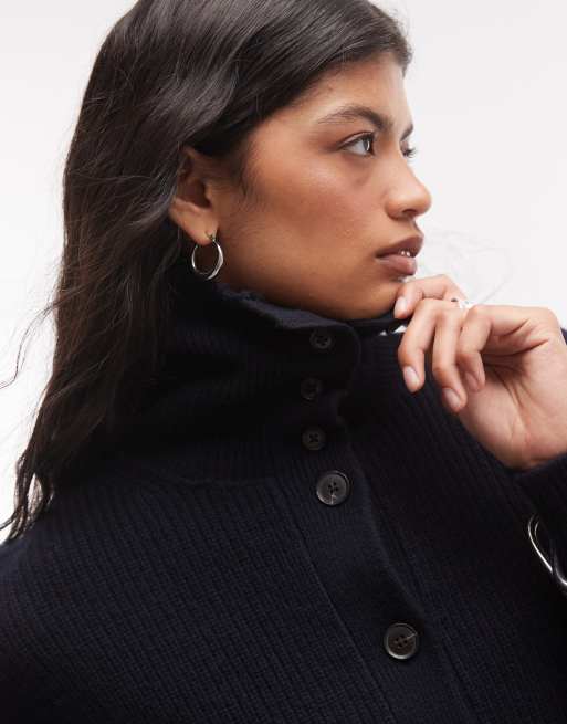 AllSaints Caron cardigan en maille à col cheminée en laine bleu marine, 4 de 4