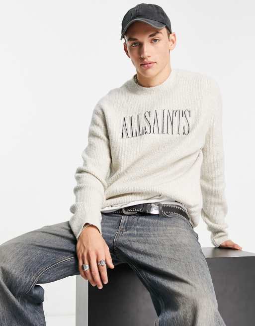 AllSaints – Carson – Pullover in gebrochenem Weiß mit Markenlogo auf der Brust