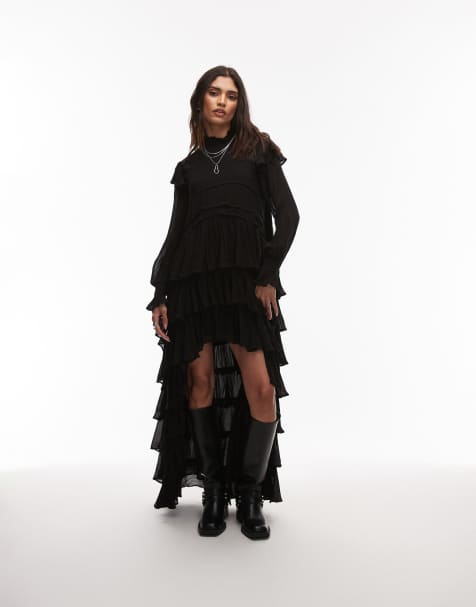 AllSaints – Cavarly – Czarna warstwowa sukienka maxi z falbankami i długimi rękawami - view 1