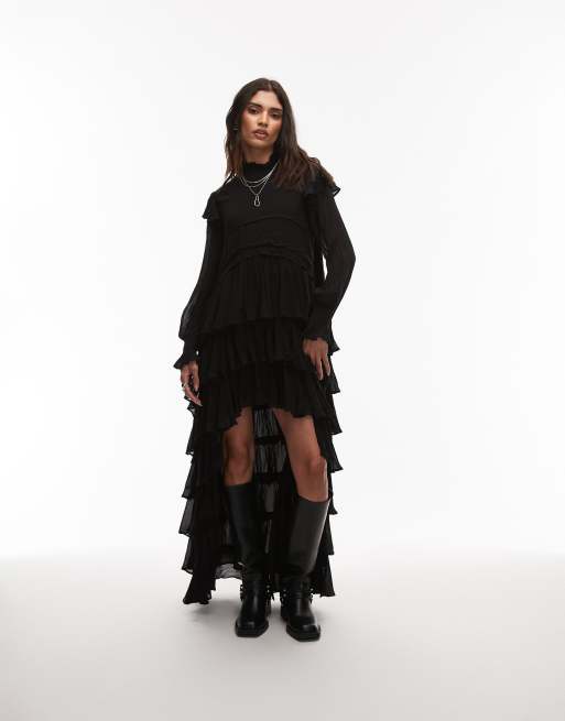 AllSaints – Cavarly – Czarna warstwowa sukienka maxi z falbankami i długimi rękawami 