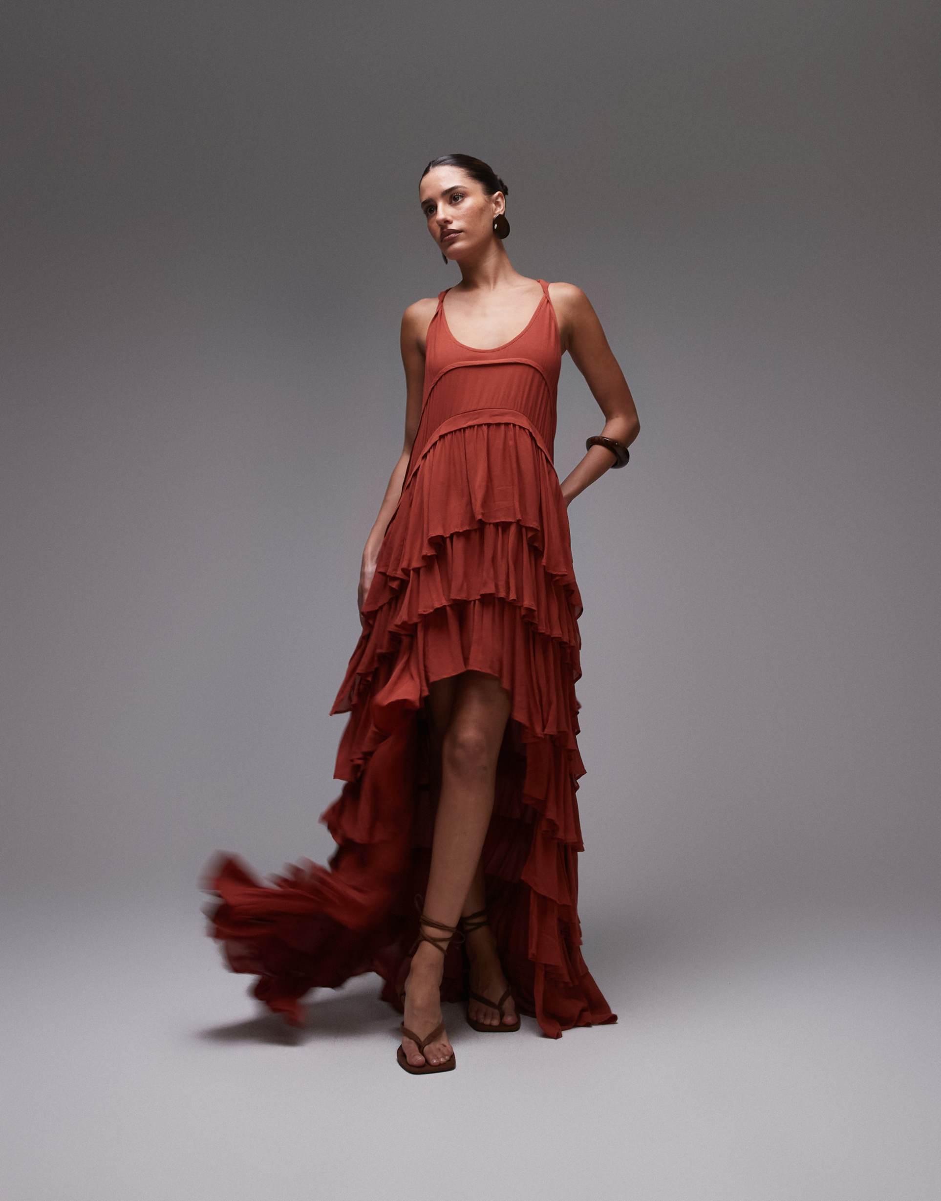 allsaints cavarly dress in burnt brick red