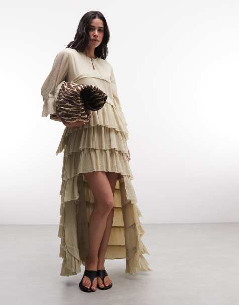 AllSaints – Cavarly – Kurzärmliges, asymmetrisches Midikleid in Blassgrün mit Rüschen - view 1