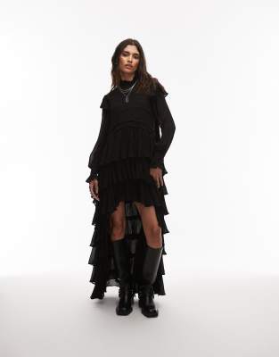 AllSaints - Cavarly - Langärmliges gestuftes Maxikleid in Schwarz mit Rüschen