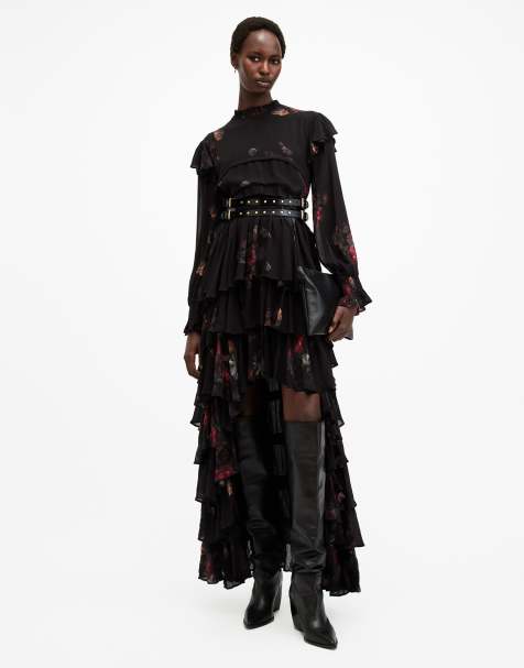 AllSaints Cavarly long sleeve tiered ruffle maxi dress in black print - view 1