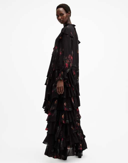 AllSaints Cavarly long sleeve tiered ruffle maxi dress in