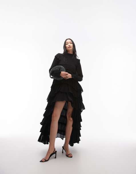 AllSaints Cavarly long sleeve tiered ruffle maxi dress in black