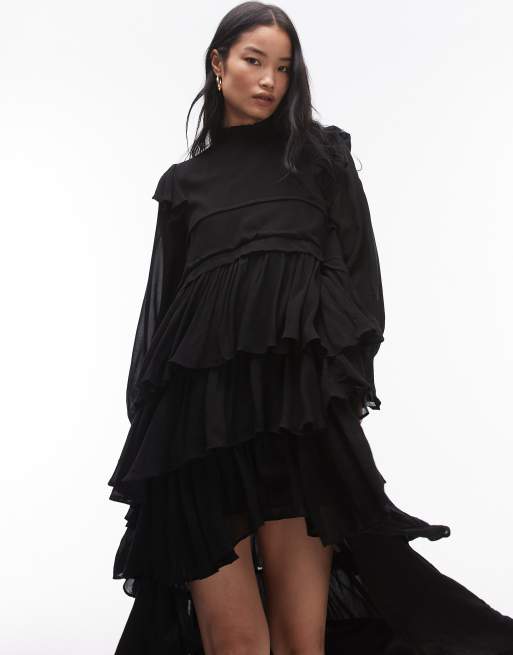 AllSaints Cavarly long sleeve tiered ruffle maxi dress in black | ASOS