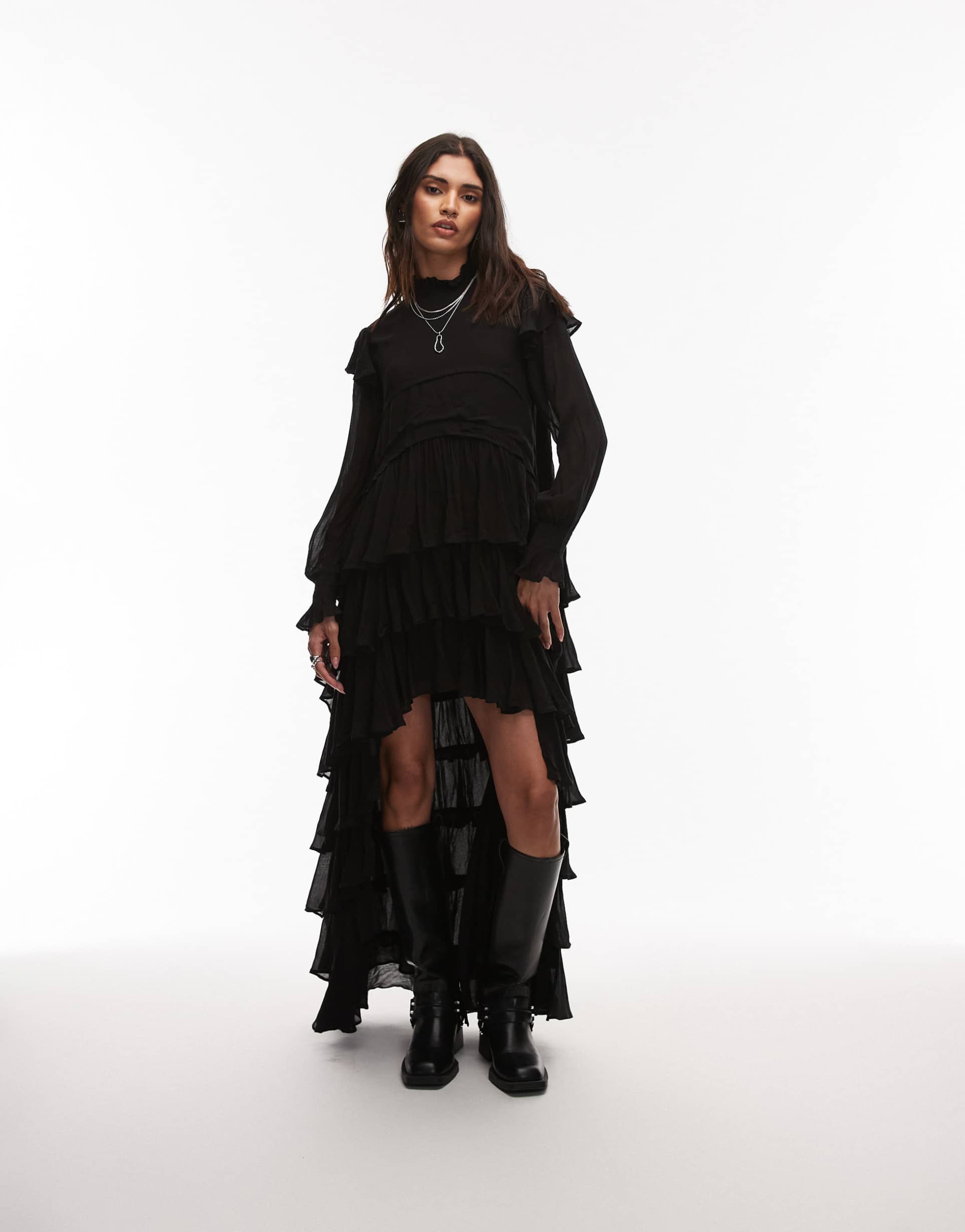allsaints cavarly long sleeve tiered ruffle maxi dress in black