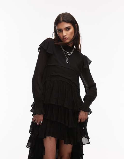 AllSaints Cavarly long sleeve tiered ruffle maxi dress in black | ASOS