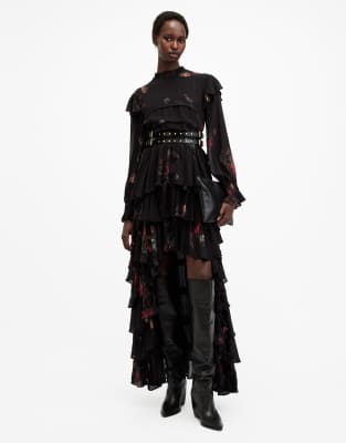 AllSaints - Cavarly - Maxi jurk met lange mouwen, stroken en ruches in zwarte print