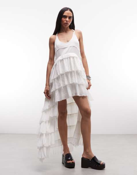 AllSaints Cavarly racer back asymmetric ruffle tiered maxi dress in white