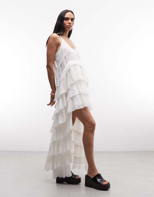 AllSaints Cavarly racer back asymmetric ruffle tiered maxi dress in white, 2 of 4
