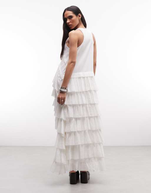 AllSaints Cavarly racer back asymmetric ruffle tiered maxi dress in white, 4 of 4