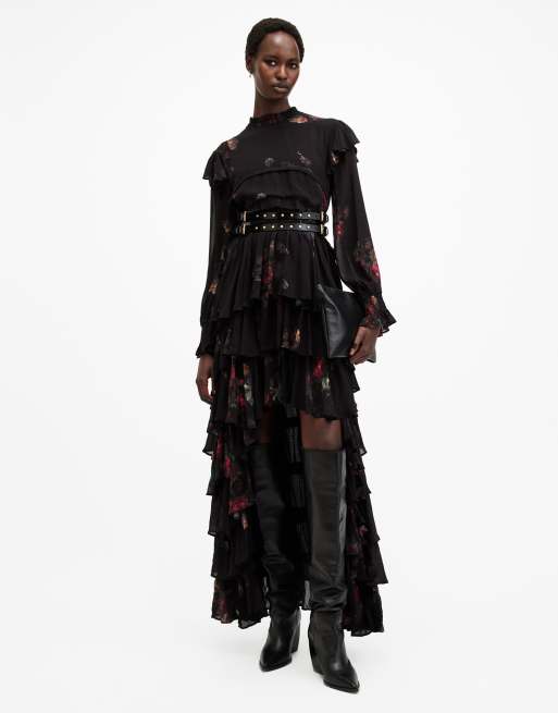 AllSaints - Cavarly - Robe longue étagée à manches longues - Noir imprimé