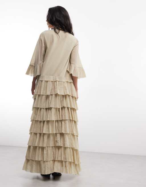AllSaints Cavarly short sleeve asymmetric ruffle midi dress in pale green, 4 of 4