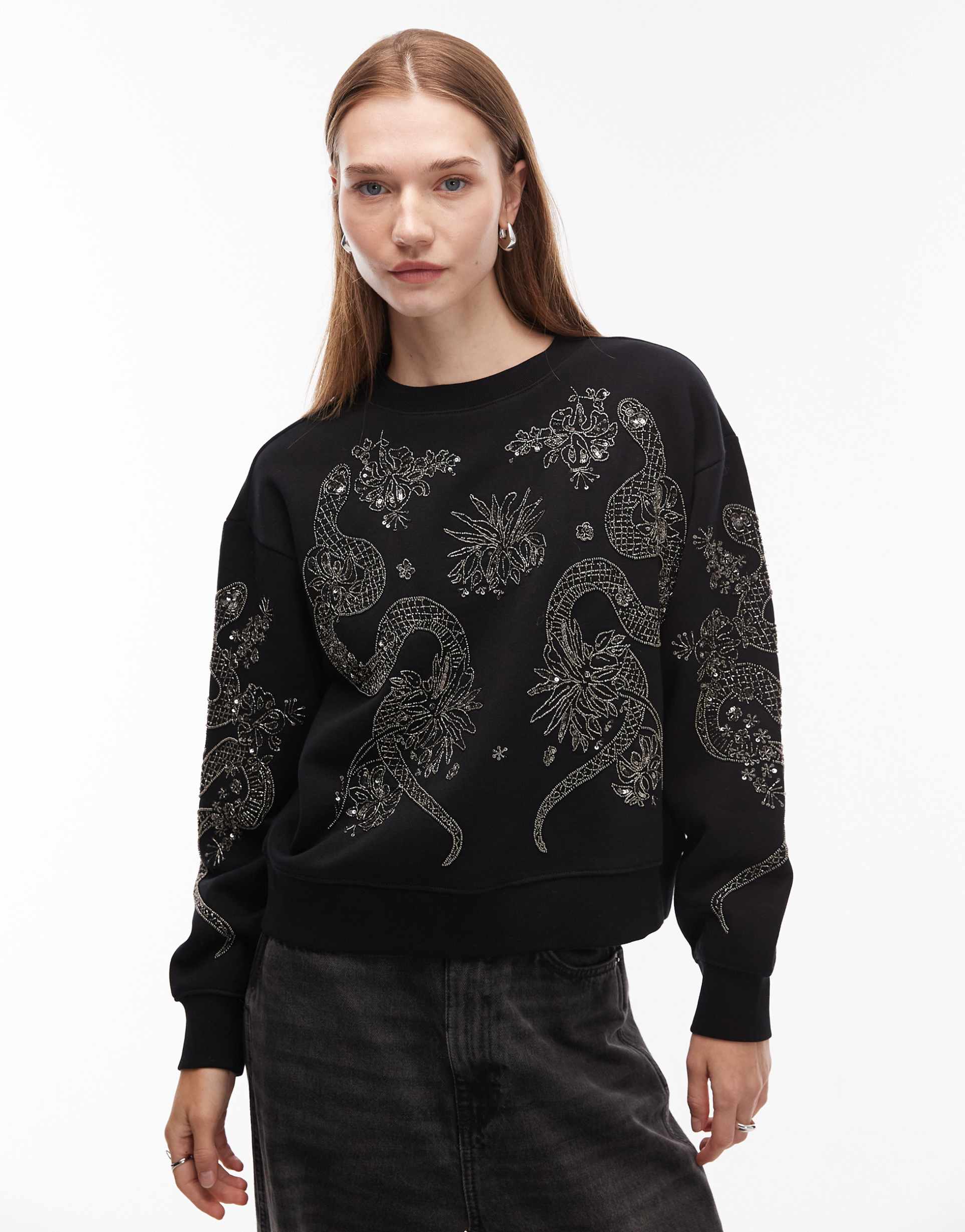 allsaints cecile pippa embellished sweatshirt in black