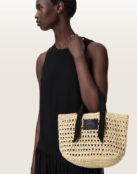 AllSaints Celayne raffia woven mesh logo shoulder bag in off white - view 1