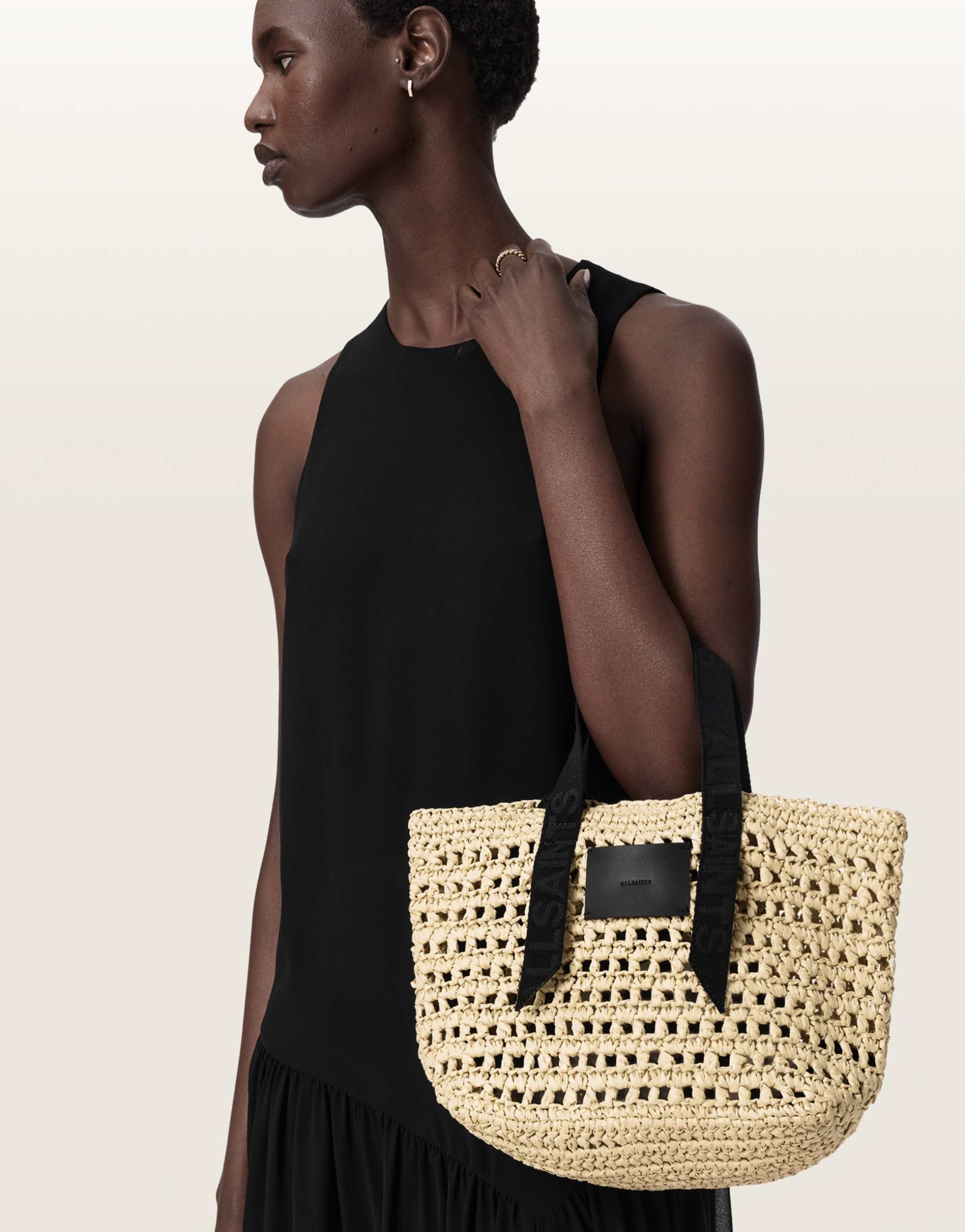 allsaints celayne raffia woven mesh logo shoulder bag in off white