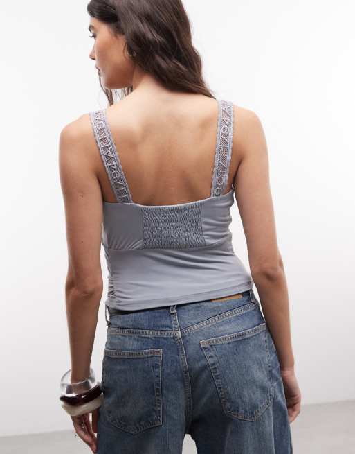 AllSaints - Celena - Canottiera azzurra arricciata in pizzo con logo, 4 di 4