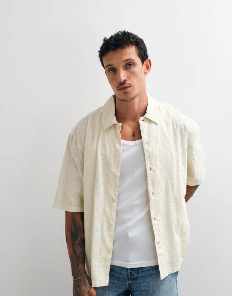 AllSaints Cenizo short sleeve crinkle embroidery shirt in off white - view 1