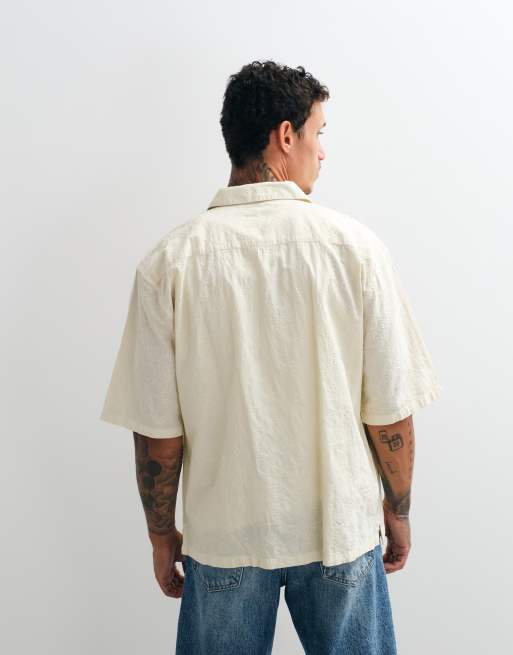 AllSaints Cenizo short sleeve crinkle embroidery shirt in off white, 4 of 5