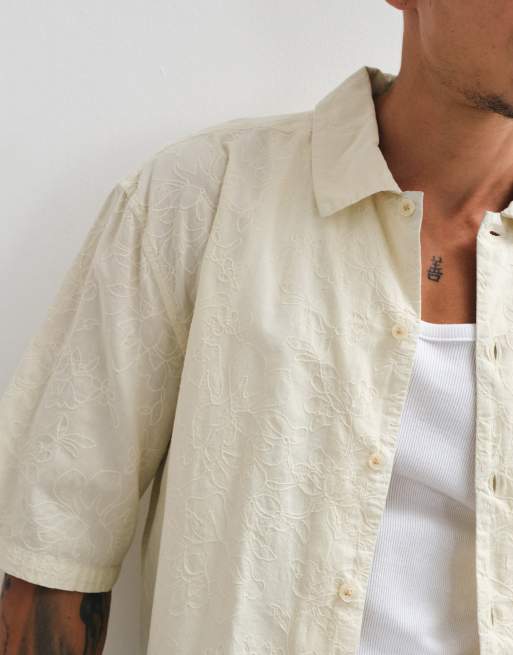 AllSaints Cenizo short sleeve crinkle embroidery shirt in off white, 5 of 5