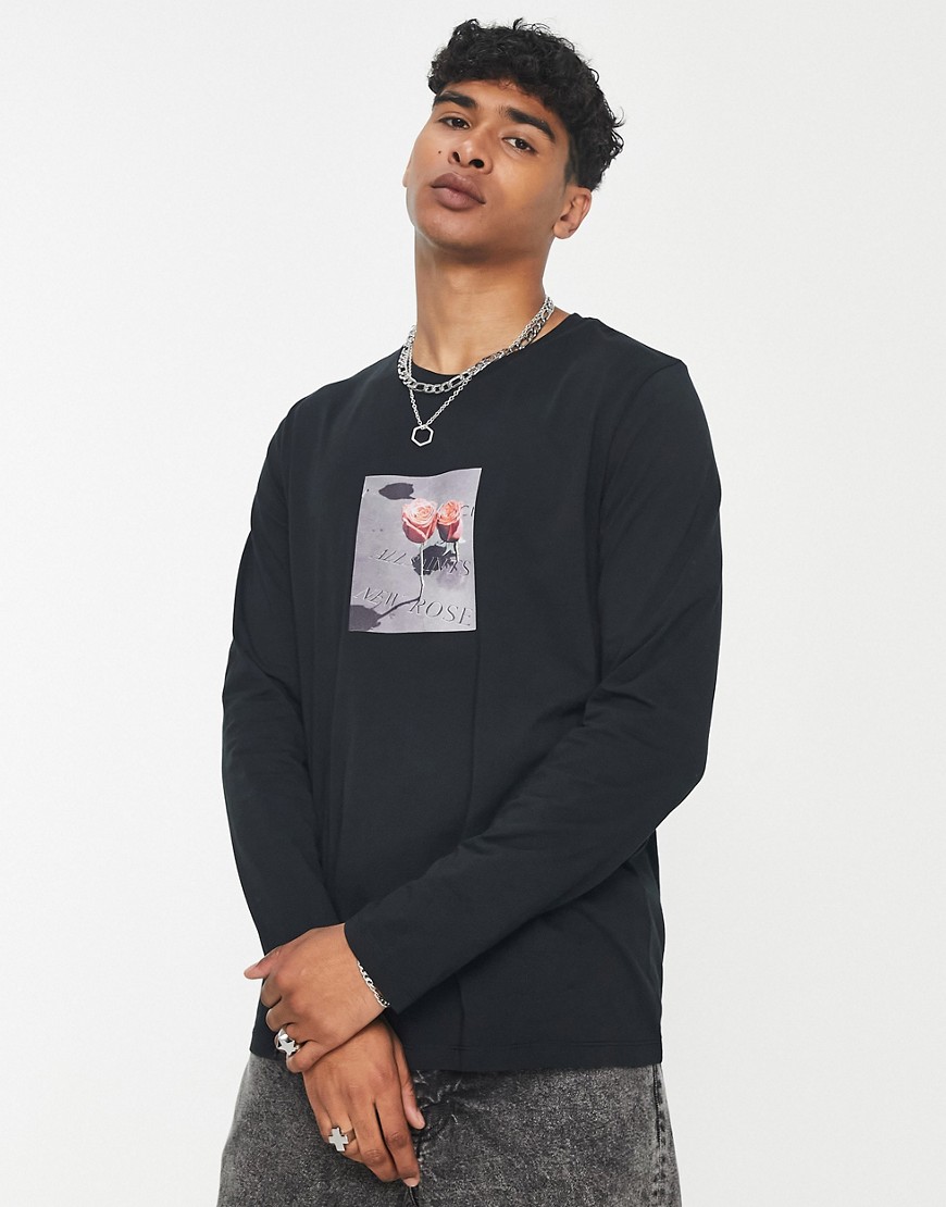 AllSaints Cenotaph long sleeve top in washed black with chest graphics