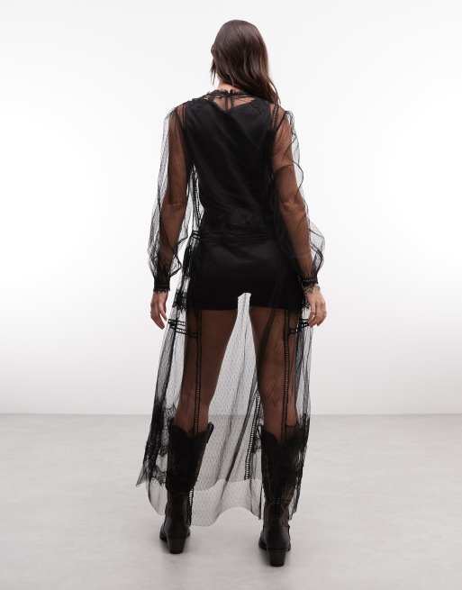 AllSaints Cesca Midikleid aus Spitze mit langen Ärmeln und Stehkragen in Schwarz, 4 von 4