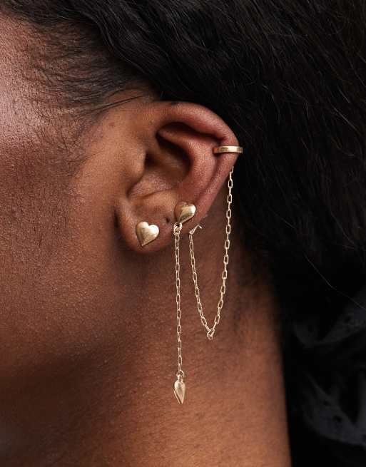 AllSaints chain heart stud earrings with cuff clip in gold